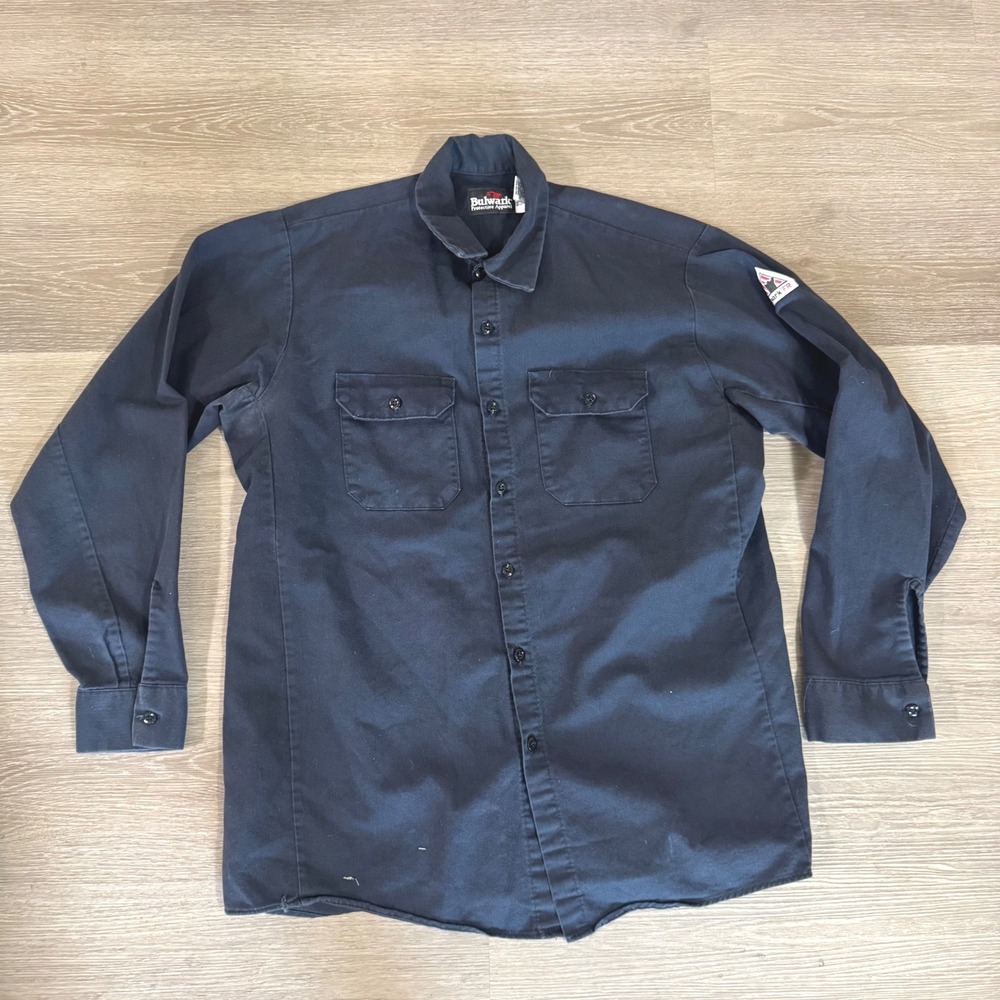 Bulwark Work Shirt Mens L Navy Blue Excel FR Flame Resistant SLW2NV7 Arc Rated